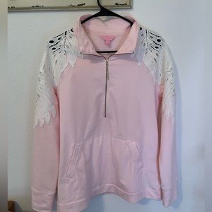 Lily Pulitzer 1/4 zip pullover pink white lace shoulder size M Medium